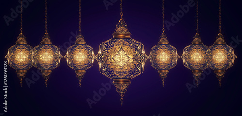 A symmetrical arrangement of Ramadan lanterns glowing in hues of gold and silver, centered on a rich purple background.
