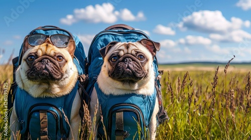 Two Pugs with Backpacks on a Sunny Day Adventure. Cute Dogs Exploring Nature, Summertime Fun