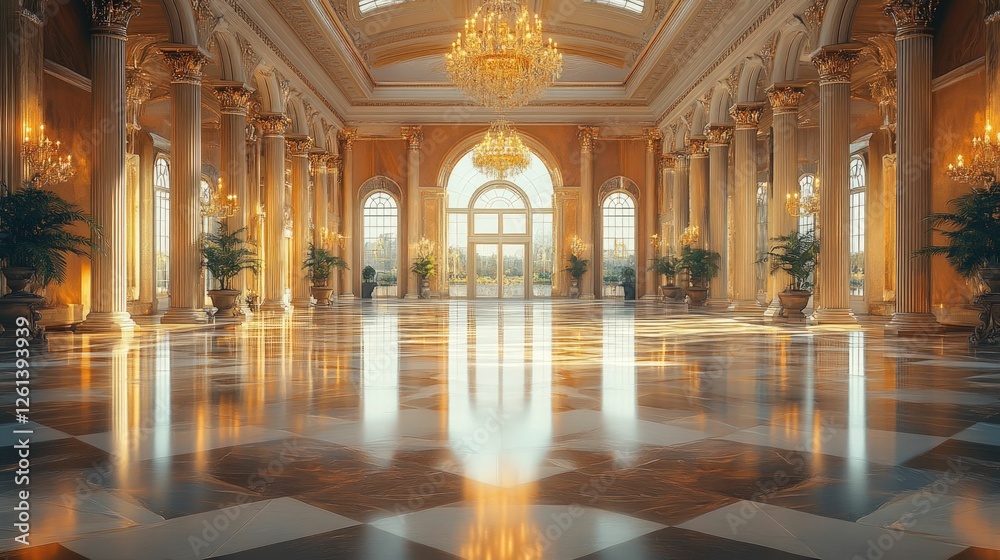 Fototapeta premium Grand hall, opulent columns, sunlight, gleaming floor.