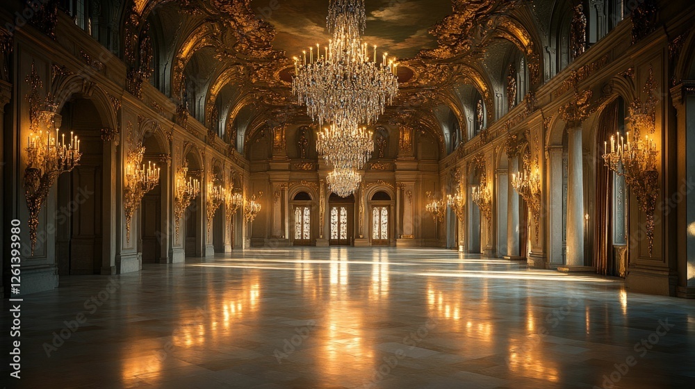 Obraz premium Sunlit grand hall, opulent chandeliers, gilded details.
