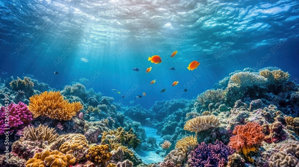 Naklejka premium Vibrant coral reef ecosystem teeming with life in crystal clear water