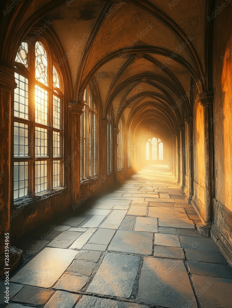 Sunlit stone hallway, arched ceilings, ancient architecture.