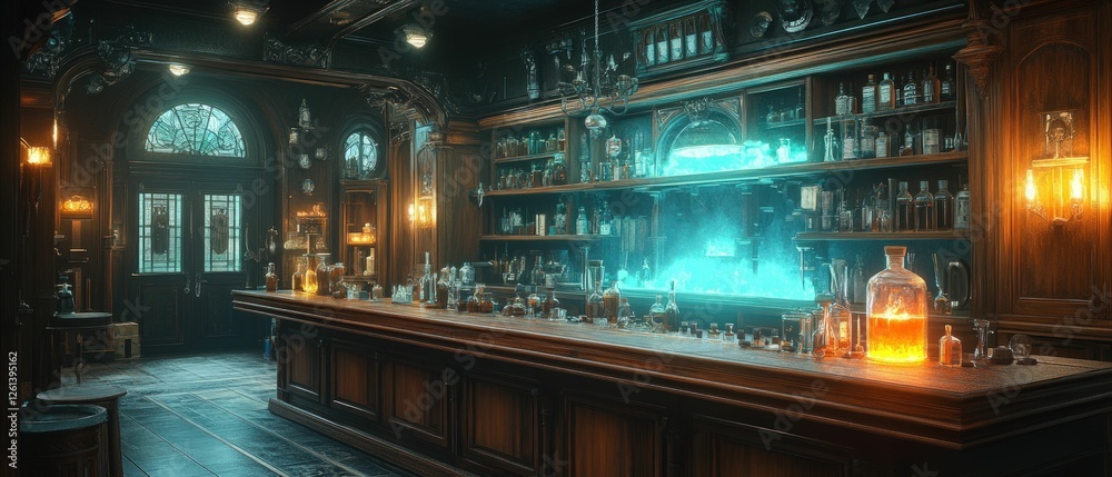Fototapeta premium Mysterious antique bar glowing teal and amber
