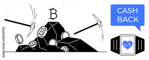 Pickaxes above a pile of bitcoins, indicating mining. Health smartwatch with heart icon and cashback speech bubble suggest rewards. Ideal for technology, finance, health monitoring, cryptocurrency