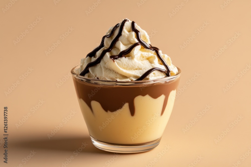 Delicious dessert in a glass with cream and chocolate drizzle Delicious dessert in a glass with cream and chocolate drizzle