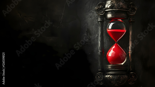 Antique hourglass with red sand on a black background. Shadowborne Paladins. Illustration