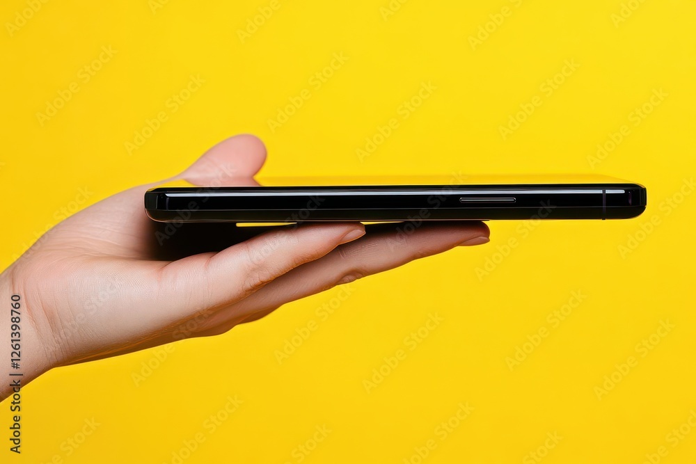 Hand Holding Modern Smartphone with Blank Screen on Vibrant Yellow Background for Product Display Hand Holding Modern Smartphone with Blank Screen on Vibrant Yellow Background for Product Display