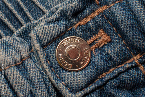 Button and seams of a denim garment
