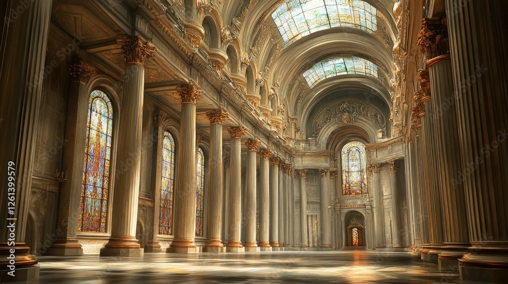 Fototapeta premium Grand hall, majestic columns, stained glass, sunlight streams.
