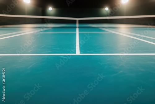 An indoor tennis court with a blue surface illuminated by spotlights, ready for an exciting match or practice. photo