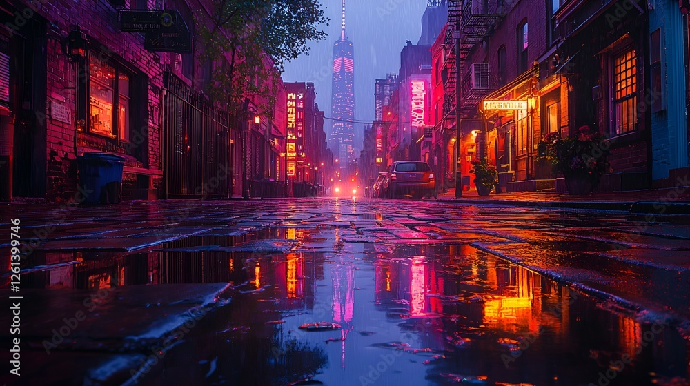Obraz premium Rainy city street at night, skyscraper view, reflections, urban scene, website background