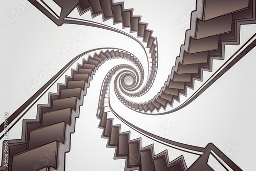 Graphic Spiral Staircase Illustration with Geometric Steps and Railing on White Background. Abstract, Vertigo Effect, Optical Illusion