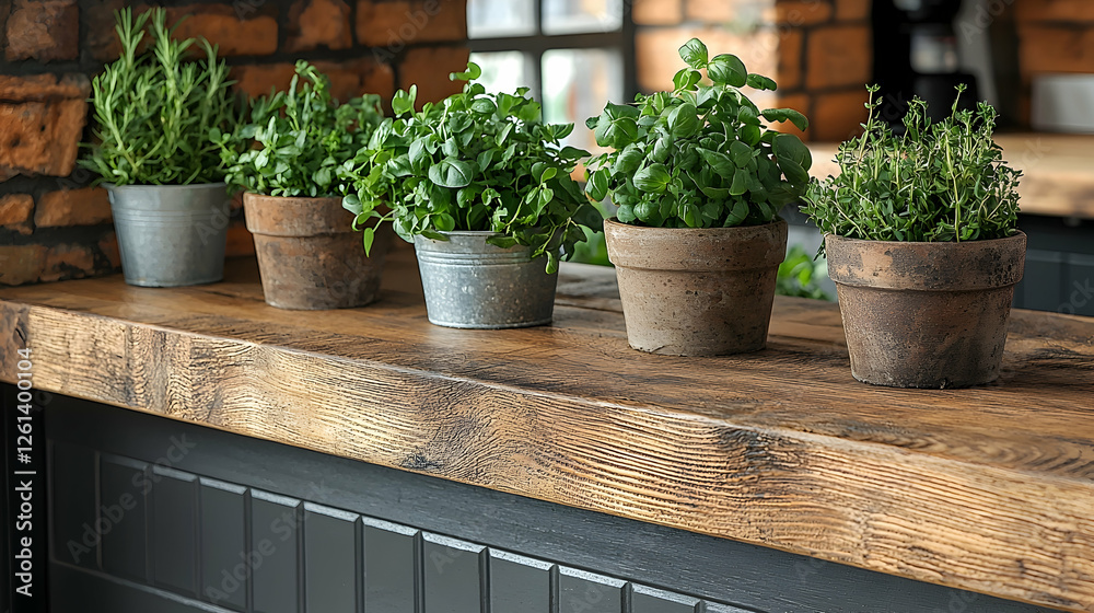 Rustic kitchen herbs countertop display, brick background, interior design Rustic kitchen herbs countertop display, brick background, interior design