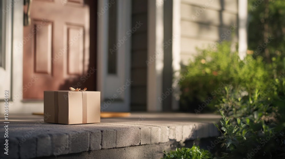 Reliable Home Delivery: Package Securely Left on Front Porch of Suburban Home Reliable Home Delivery: Package Securely Left on Front Porch of Suburban Home