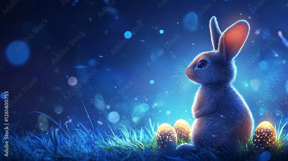 Easter bunny sitting in glowing night grass with decorated eggs under magical blue bokeh sky. Digital art for spring holiday celebration cards and festive designs Easter bunny sitting in glowing night grass with decorated eggs under magical blue bokeh sky. Digital art for spring holiday celebration cards and festive designs
