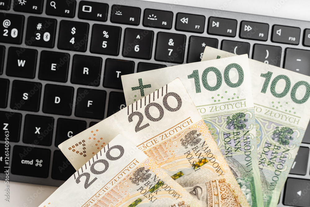 Polish banknotes lying on a computer keyboard. Concept. Polish banknotes lying on a computer keyboard. Concept.