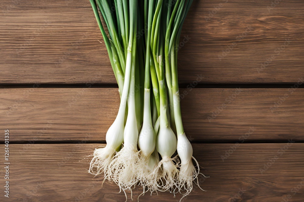 Fresh scallions or green onions on wood table Fresh scallions or green onions on wood table