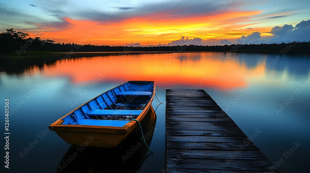 Fototapeta premium Serene sunset over lake with small boat moored at wooden jetty
