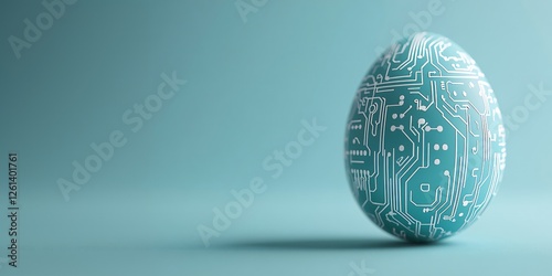 Easter egg decorated with circuit board pattern in turquoise and white on blue background with copy space. Technology concept for digital holiday celebration photo