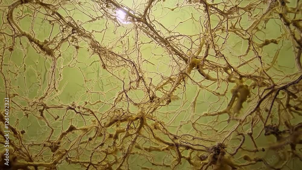 Detailed view of mold growth and fungal mycelium networks. concept of fungi biology, microbial ecosystem, natural decomposition, organic complexity