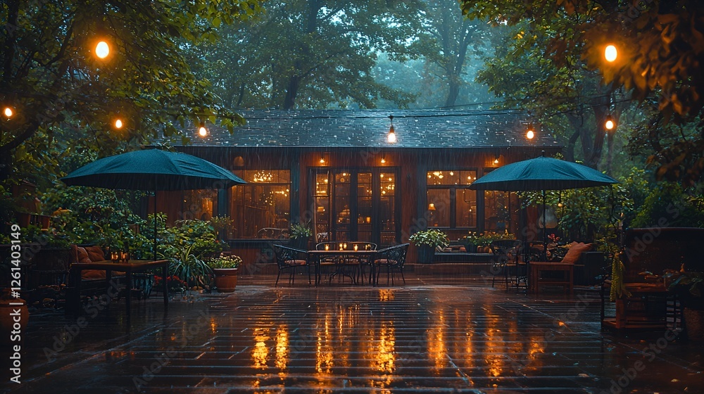 Obraz premium Rainy night, outdoor cafe, garden, lights, cozy atmosphere, romantic ambiance