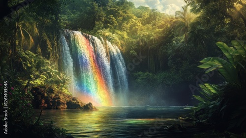 Mystical cascade unveiling iridescent prism within lush equatorial forest