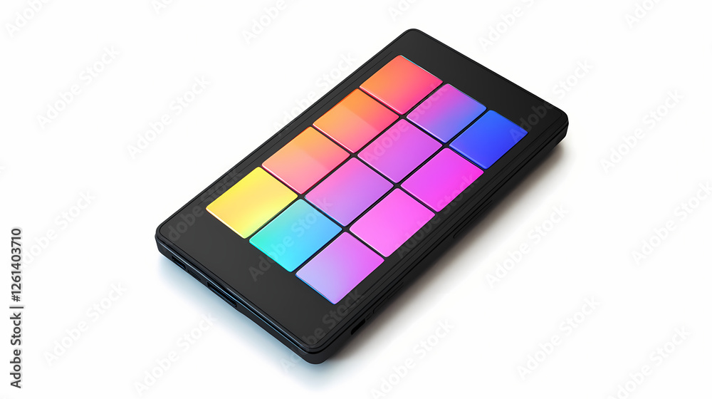 Sleek black device with a vibrant, colorful screen against a white isolate background. Interdimensional Marketplaces. Illustration Sleek black device with a vibrant, colorful screen against a white isolate background. Interdimensional Marketplaces. Illustration