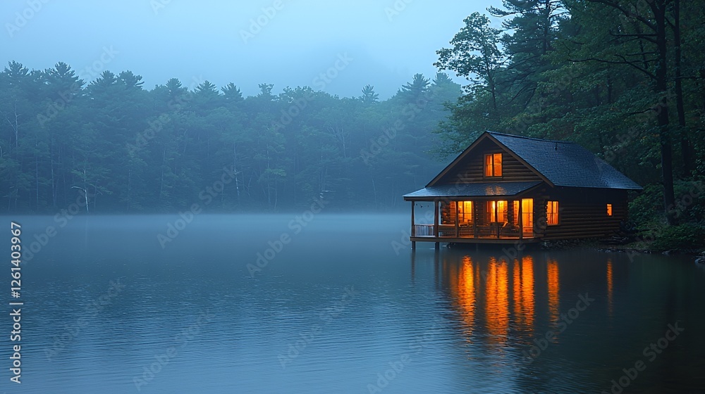 Fototapeta premium Lakeside cabin at twilight, misty forest background; serene vacation home