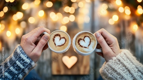  Cozy romantic coffee date with heart latte art and warm bokeh lights setting the mood for love and connection photo