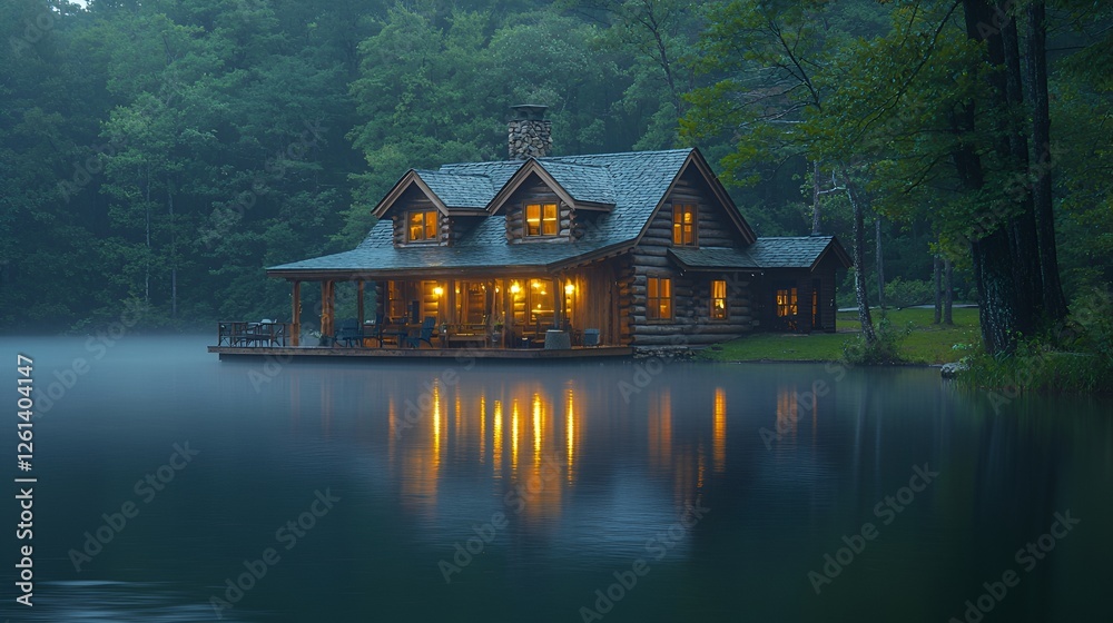 Lakeside log cabin at dusk, misty forest background; serene vacation rental Lakeside log cabin at dusk, misty forest background; serene vacation rental