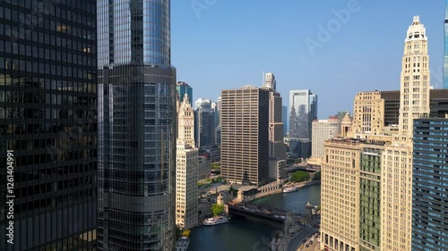Aerial view of High rise buildings in Downtown Chicago along Lake Michigan coast and Chicago river.