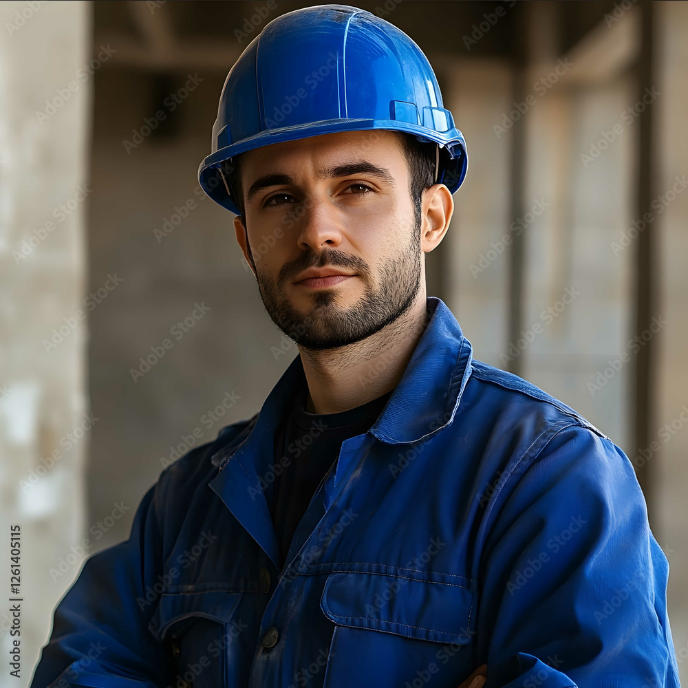 a handsome builder in a modern uniform in a blue helmet photo