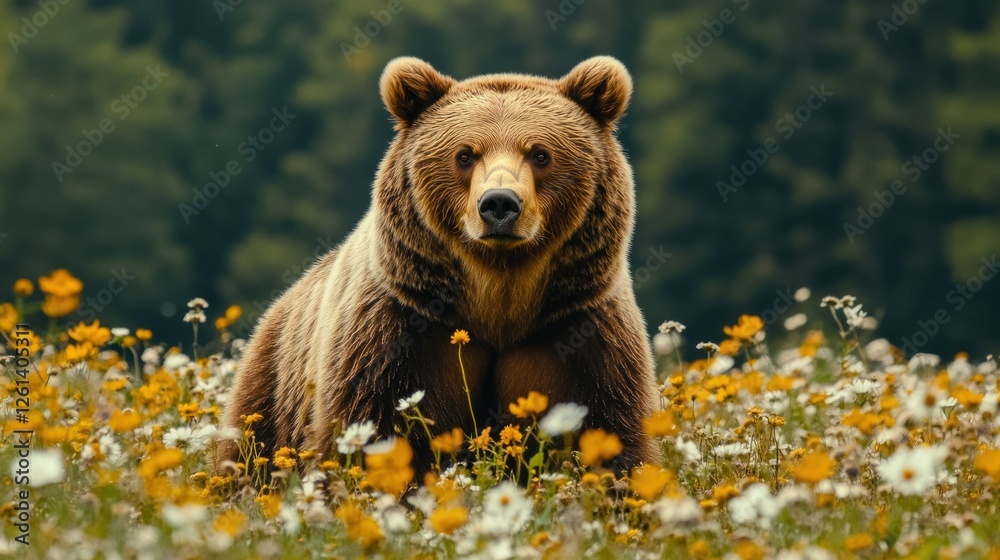 Fototapeta premium Grizzly bear in meadow; forest background