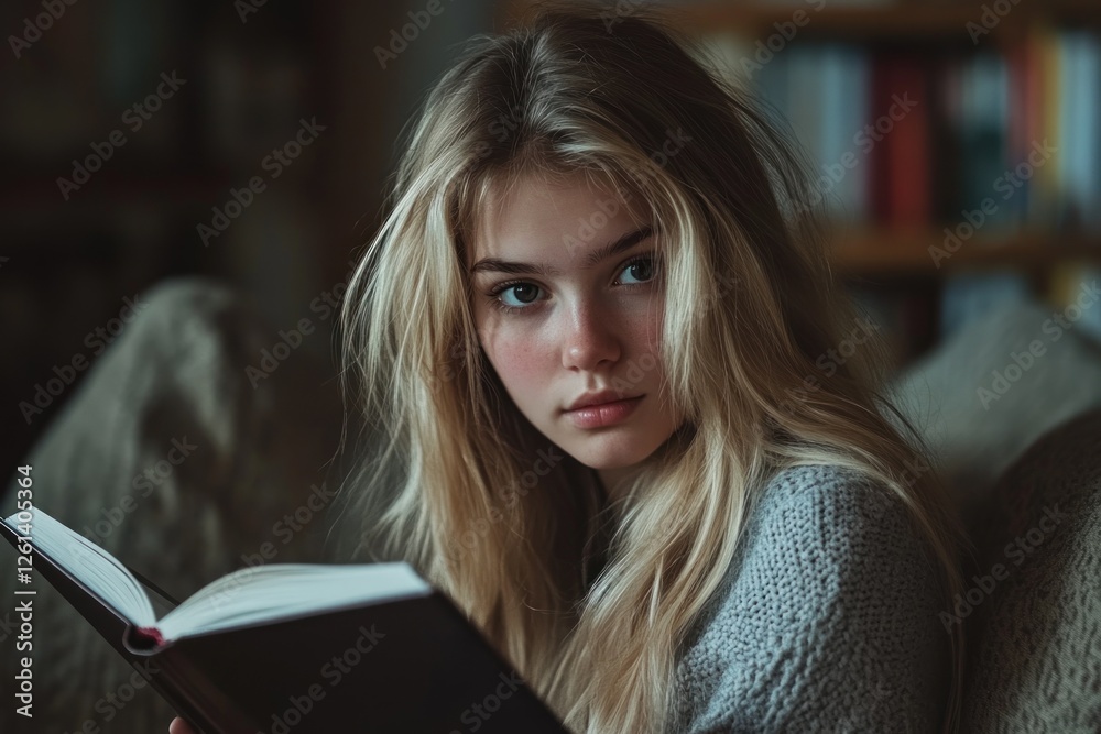 Blond girl reading a book, indoor portrait