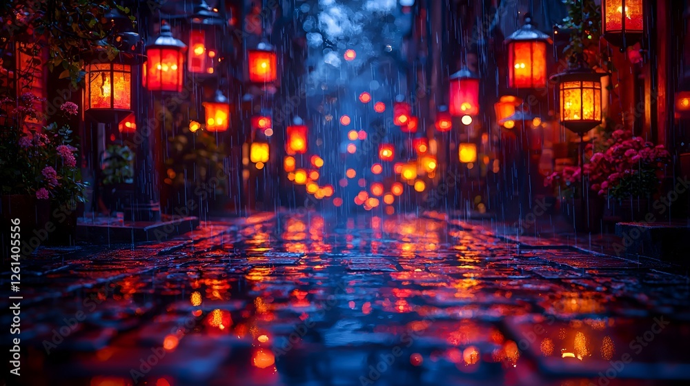 Fototapeta premium Rainy night, cobblestone street, lanterns, romantic atmosphere, travel