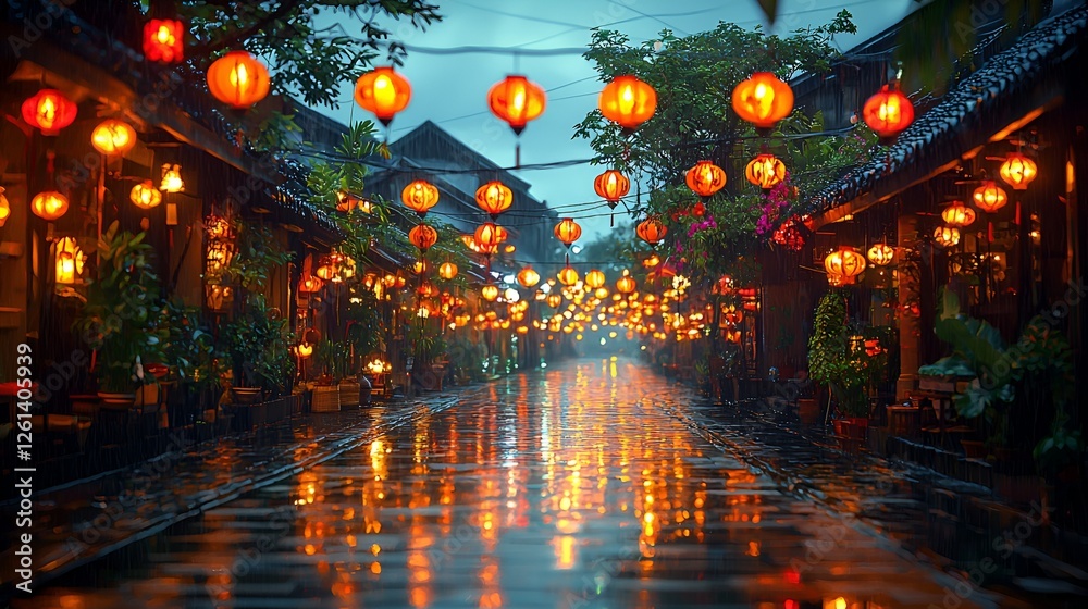 Rainy night, Hoi An street, lanterns, reflections, travel Rainy night, Hoi An street, lanterns, reflections, travel