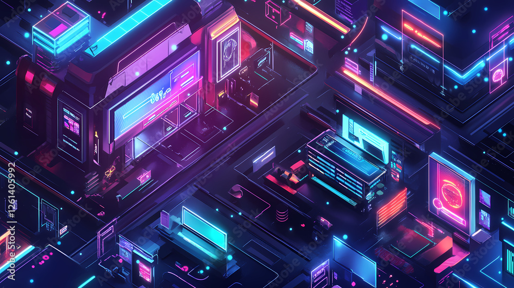 A digital marketplace with interconnected glowing nodes representing products, abstract geometric patterns, hyperdetailed, vibrant neon highlights. Interdimensional Marketplaces. Illustration A digital marketplace with interconnected glowing nodes representing products, abstract geometric patterns, hyperdetailed, vibrant neon highlights. Interdimensional Marketplaces. Illustration