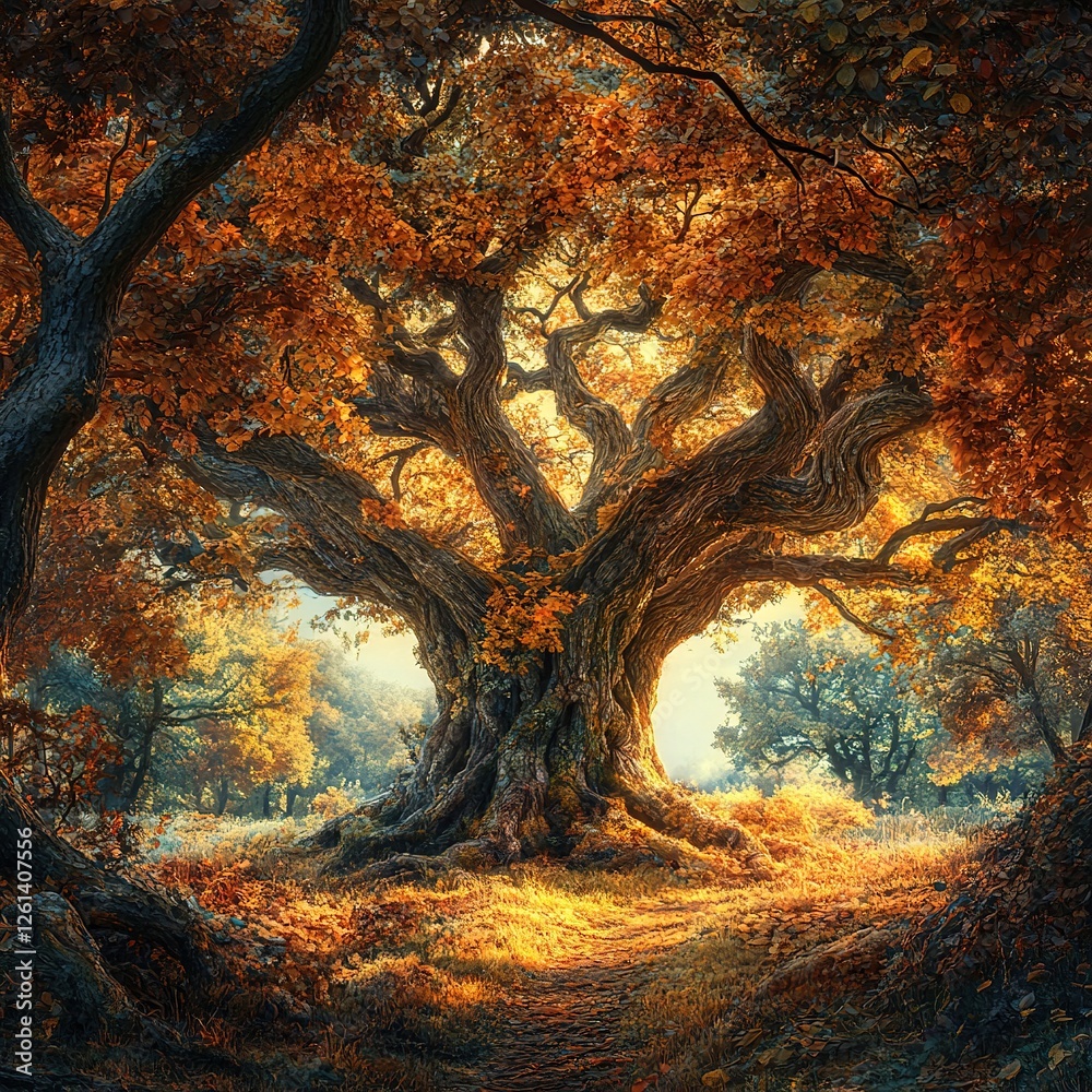 Naklejka premium Majestic autumn tree enchanted forest nature photography tranquil environment ground level serenity and beauty