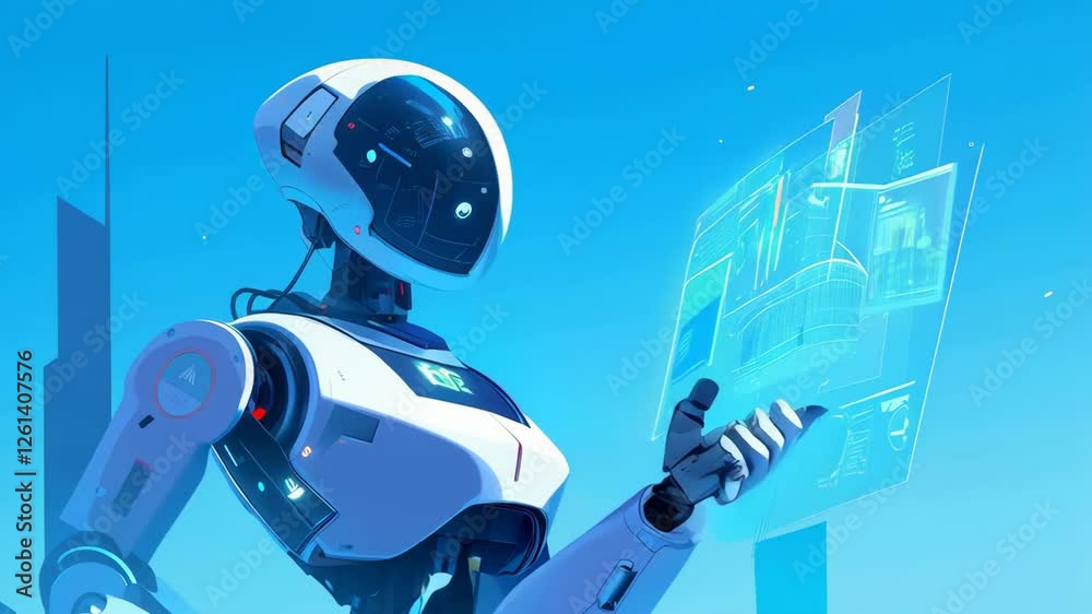 White robot exploring digital interface in futuristic city environment. Artificial intelligence handling holographic data screens. Technology innovation concept