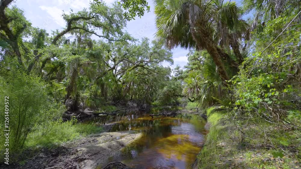 Tropical jungles with fresh water river between green palm trees and wild vegetation in southern Florida. Dense rainforest ecosystem Tropical jungles with fresh water river between green palm trees and wild vegetation in southern Florida. Dense rainforest ecosystem