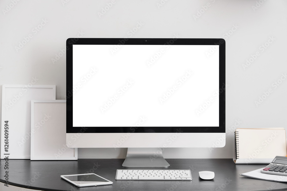 Blank computer monitor with frames on desk near light wall Blank computer monitor with frames on desk near light wall