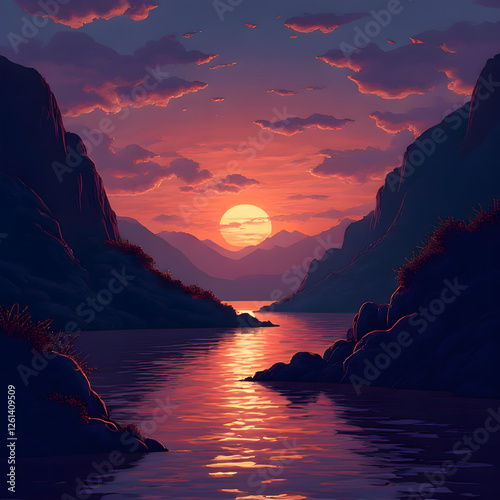 Sunset over the sea and mountains with vibrant colors and a peaceful horizon