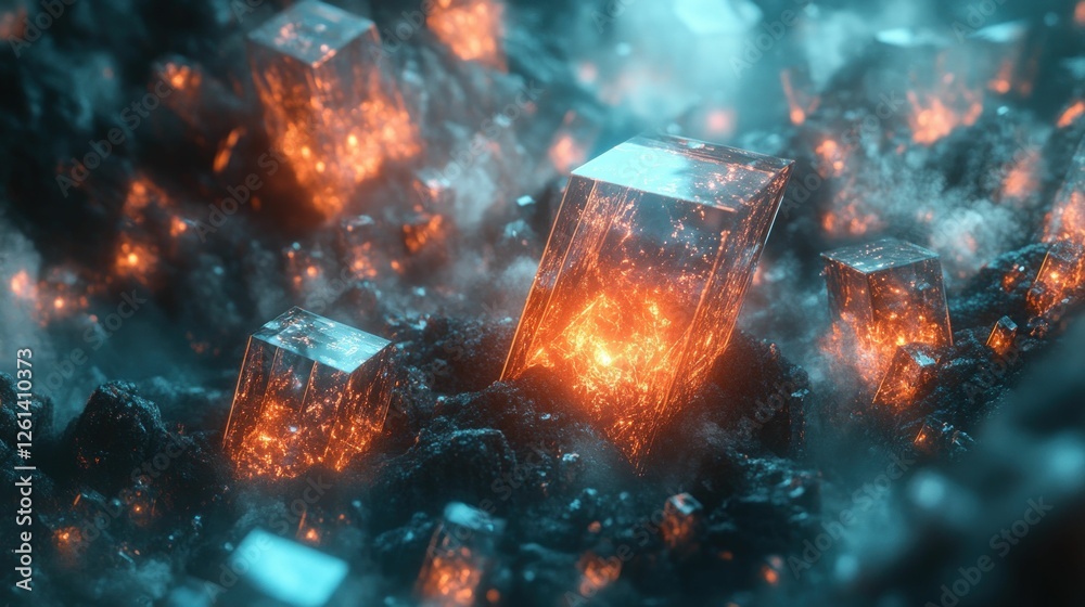 Obraz premium Glowing crystals emerge from dark volcanic rock