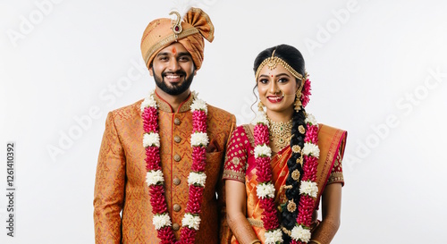 happy Newly married Indian couple wearing traditional Indian wedding clothing and flower garland, for Indian wedding, wedding dresses,  fashion related concept, white background, copy space      