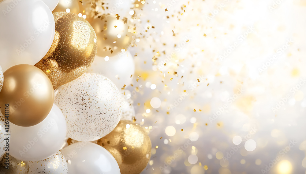 Elegant gold and white balloons with sparkling confetti for celebrations Elegant gold and white balloons with sparkling confetti for celebrations