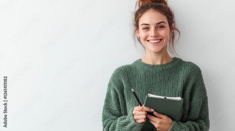 On a white background, a smiling woman in a green sweater is shown holding a pen and notebook. The idea of organizing, writing, or researching On a white background, a smiling woman in a green sweater is shown holding a pen and notebook. The idea of organizing, writing, or researching