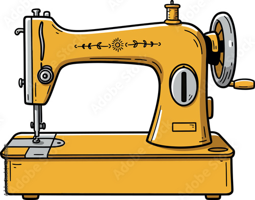 Vintage sewing machine in bright yellow color with detailed design elements in flat vector art style vector illustration