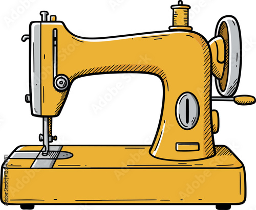 Vintage sewing machine design in detailed style showcasing vibrant yellow tones in vector art