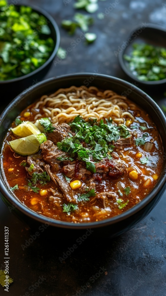 Delicious Spicy Beef Soup with Noodles and Fresh Herbs in Bowl Delicious Spicy Beef Soup with Noodles and Fresh Herbs in Bowl