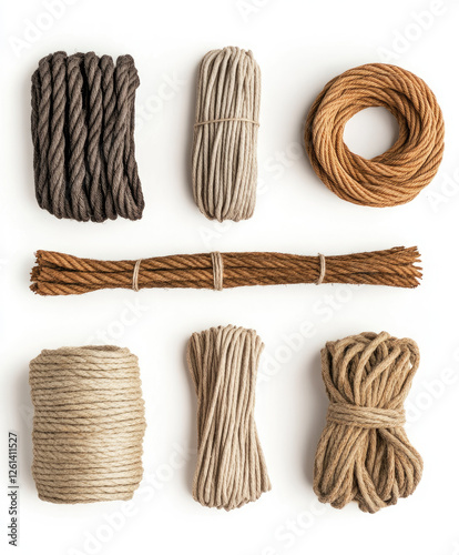 Assorted cords and ropes, top-down view on white background, with variety of colors